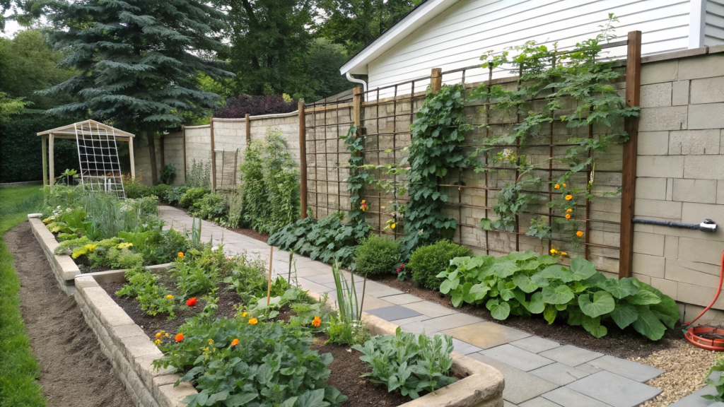 Front Yard Vegetable Layout With Hidden Trellis Wall