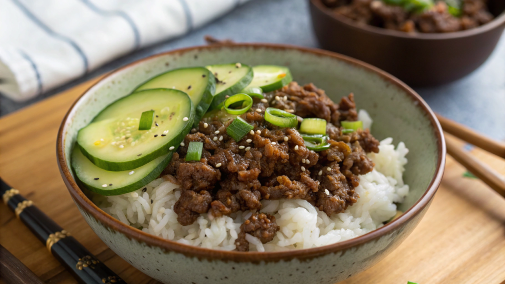 Ground Beef Bulgogi Rice Bowls With Quick Cucumber Pickles
