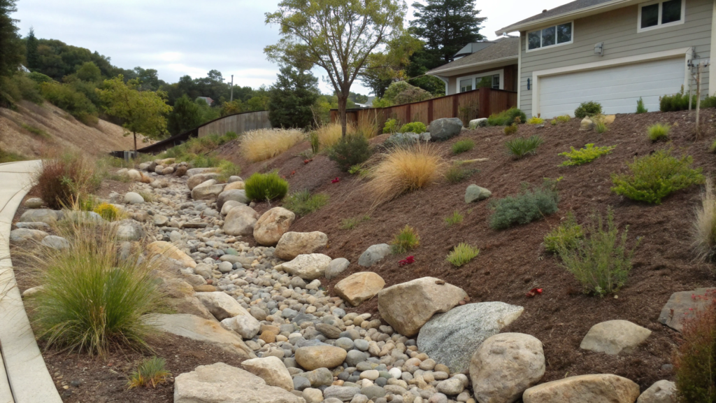 Rock Riverbed Flower Bed With Drought Tolerant Perennials