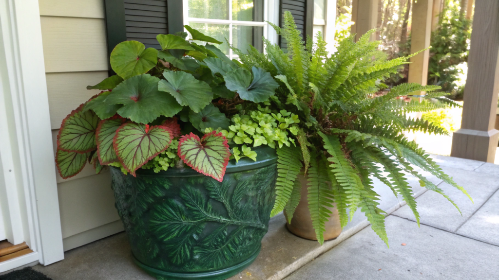 Shade Begonia and Fern Lush Green Pot