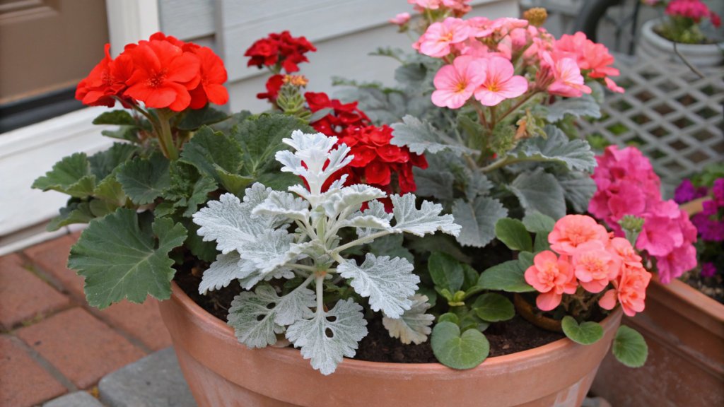Geraniums and Dusty Miller Late Season Pot