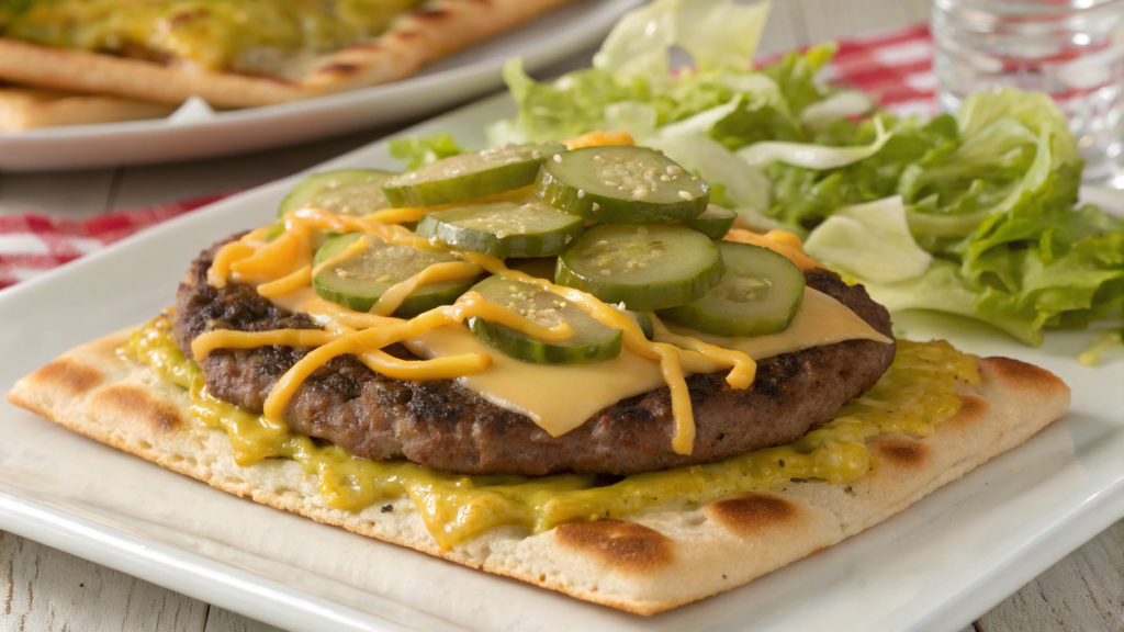 Kid Friendly Cheeseburger Flatbread With Pickle Relish Drizzle