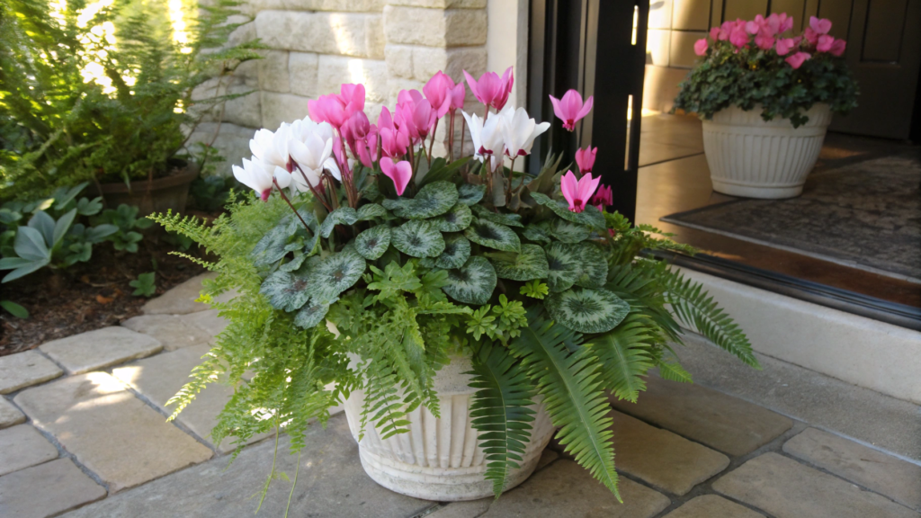 Shade Fall Pot With Cyclamen and Fern