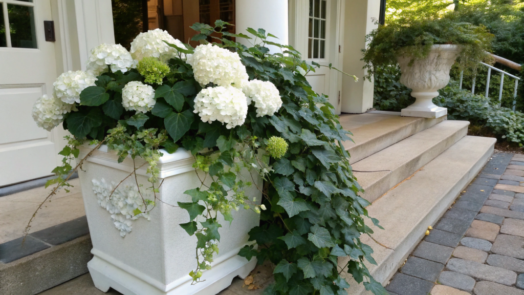 White Garden Container With Hydrangea and Ivy
