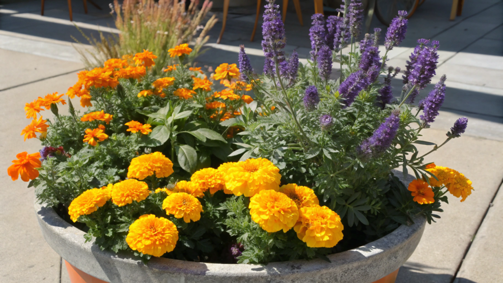 Full Sun Fall Pot With Marigolds and Salvia