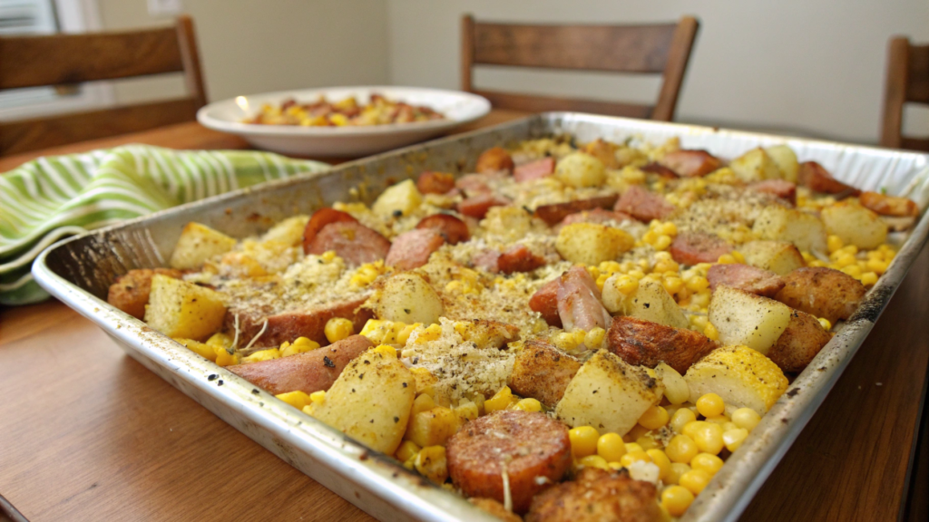 Kid Friendly Ranch Parmesan Corn Sheet Pan Dinner