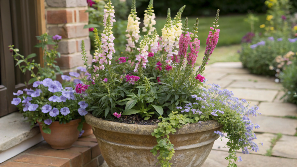 Cottage Style Pot With Snapdragons and Lobelia