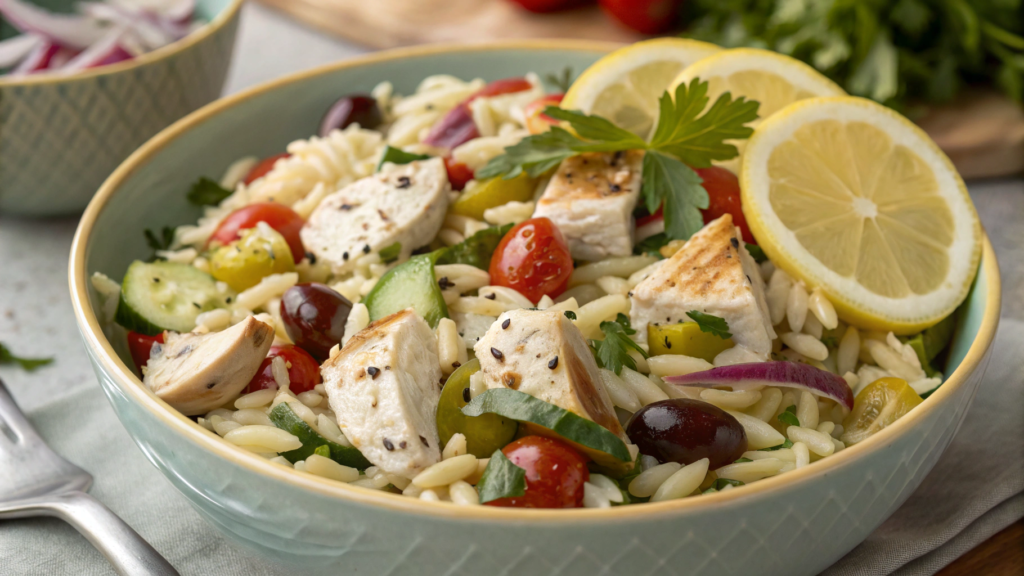 Family Greek Orzo Salad With Rotisserie Chicken