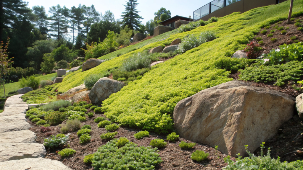 Sunny Slope Layout Using Groundcovers And Boulders