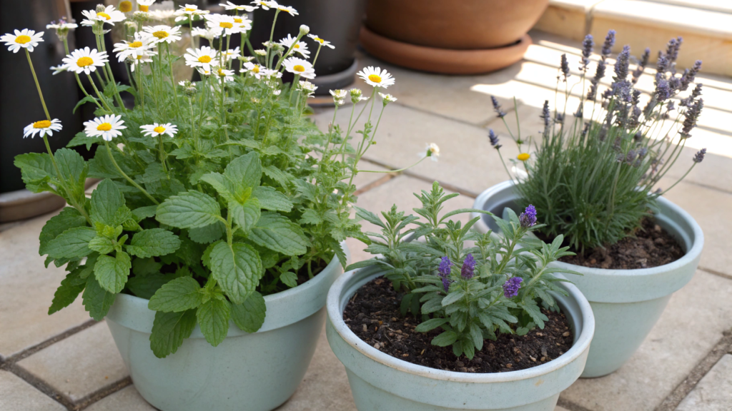 Tea herb cluster chamomile mint and lavender in pots