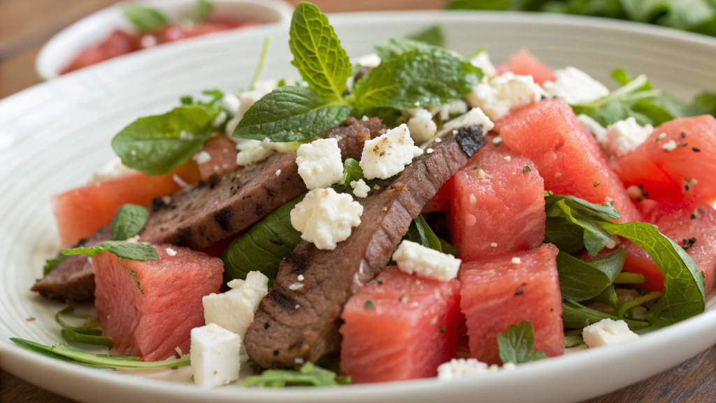 Hot Day Watermelon Feta Steak Salad With Mint