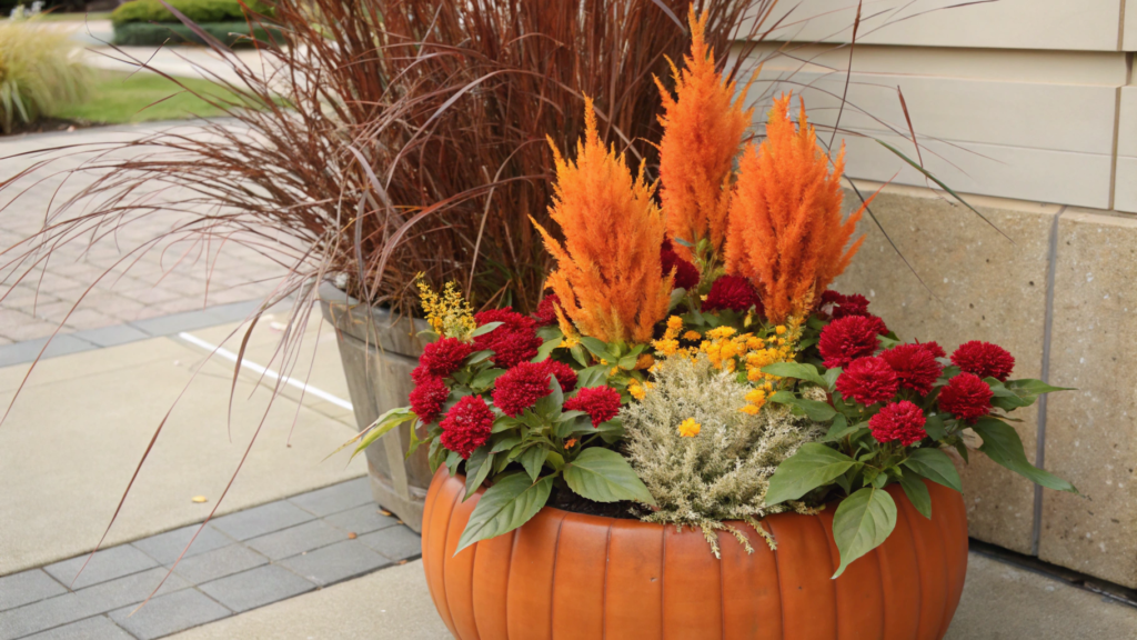 Pumpkin Colored Pot With Celosia and Grasses