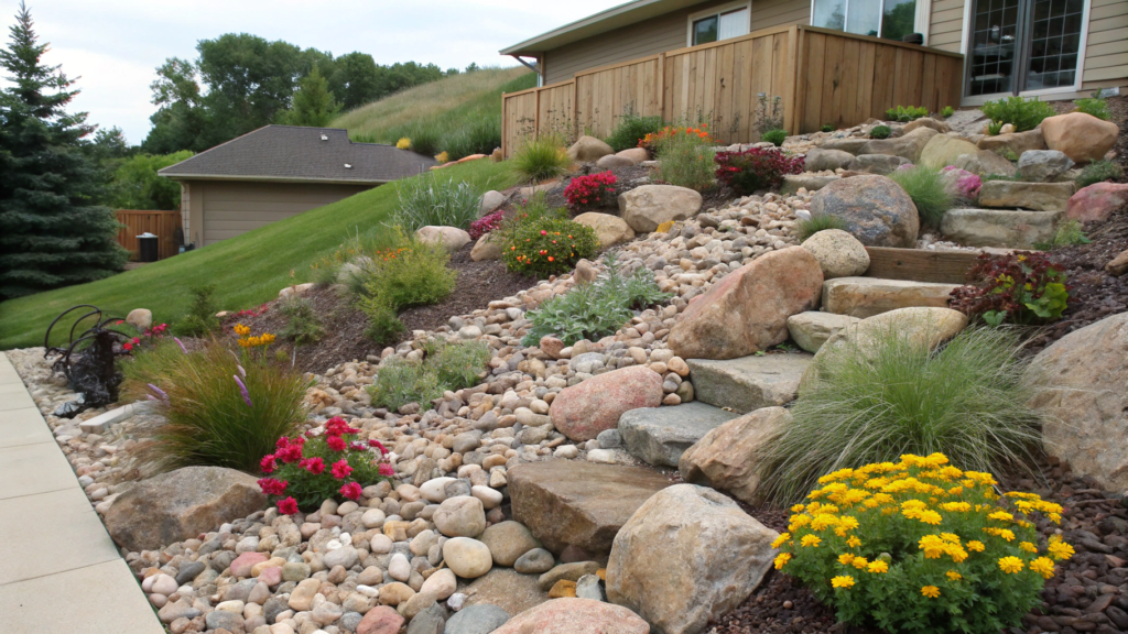 Rocks and Perennials Bed With Built In Drainage Slope