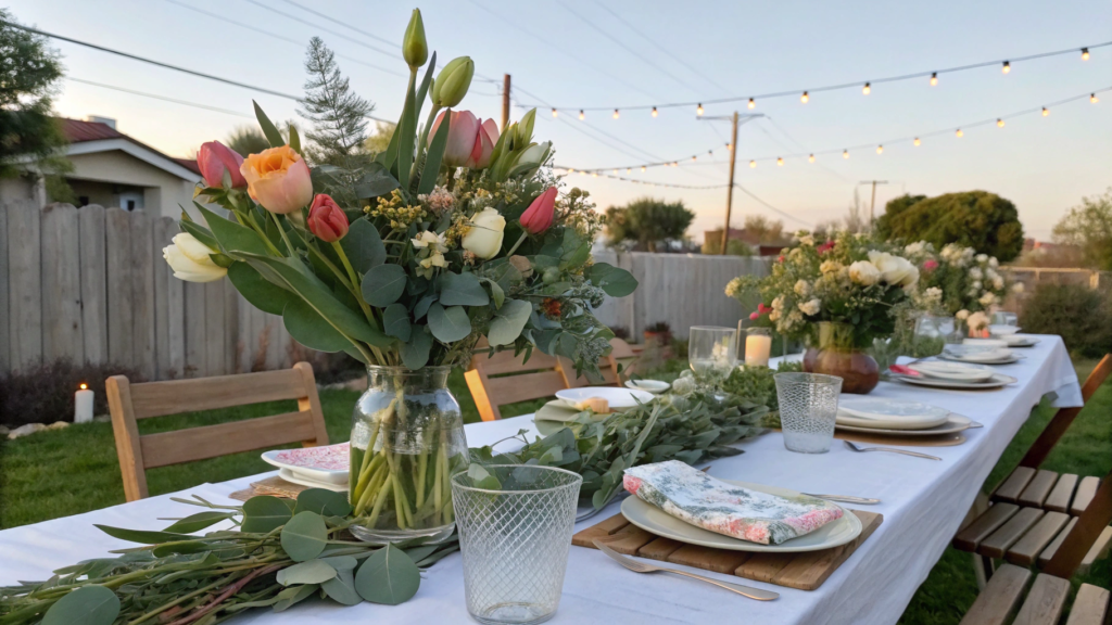 Backyard Spring Dinner Party Theme With Market Florals