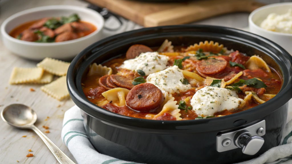 Lasagna Soup Crockpot With Italian Sausage and Ricotta Swirl