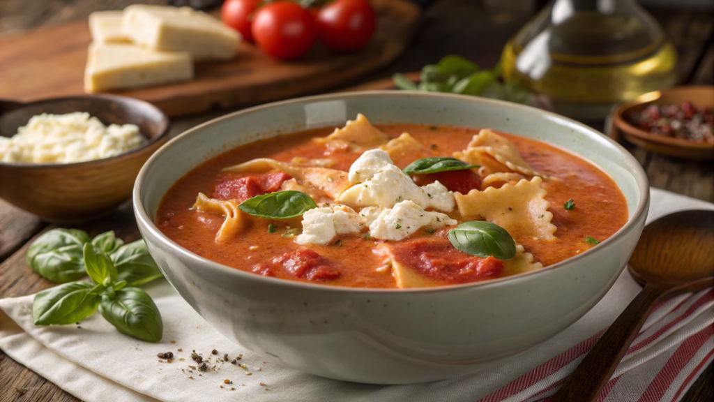 Creamy Tomato Lasagna Soup With Cottage Cheese Dollops