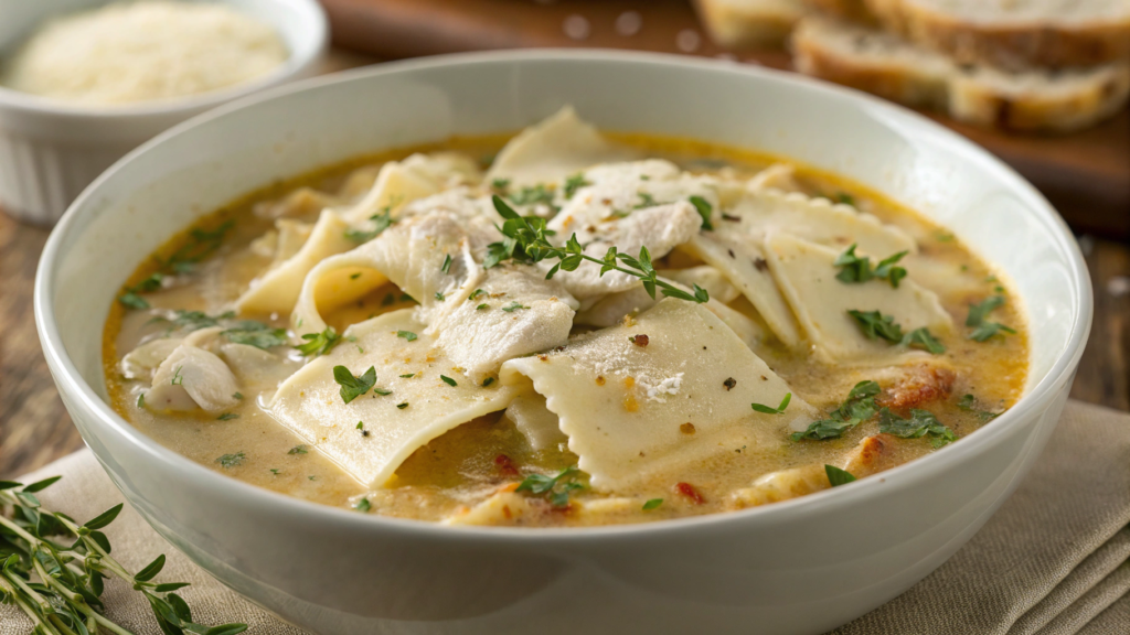 White Lasagna Soup With Chicken and Roasted Garlic Broth