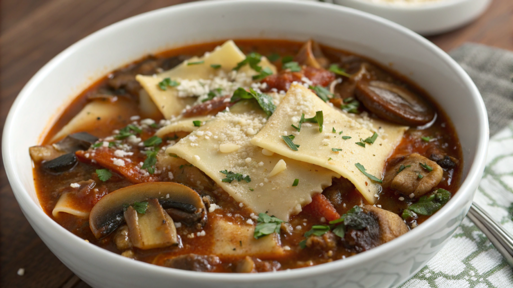 Vegetarian Lasagna Soup With Mushrooms and Balsamic Depth