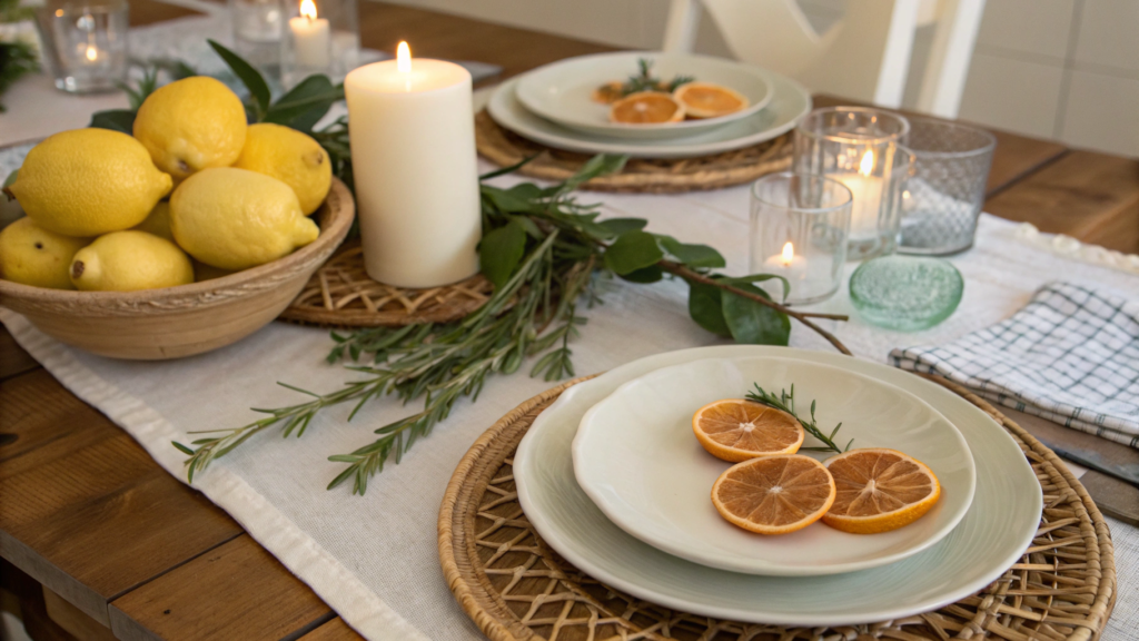 Spring Dinner Table Decor Using Candles And Citrus