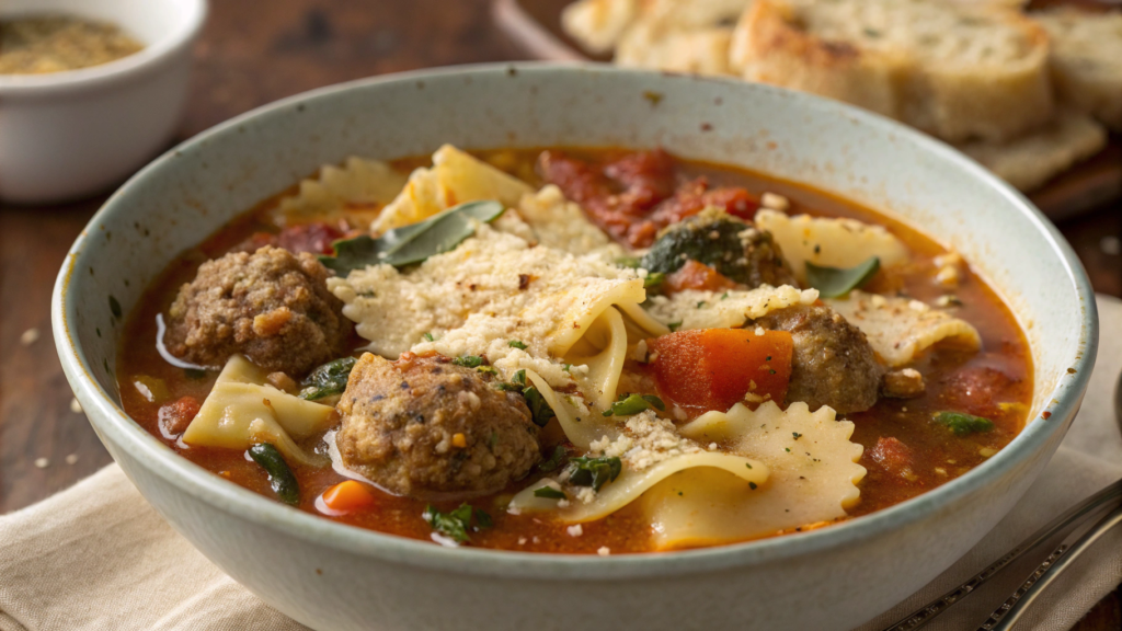 Lasagna Soup With Meatballs and Garlic Butter Breadcrumbs