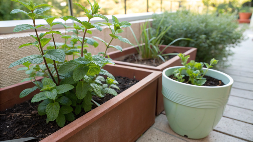Mint Control Setup: Mint Solo Pot Beside the Planter Box