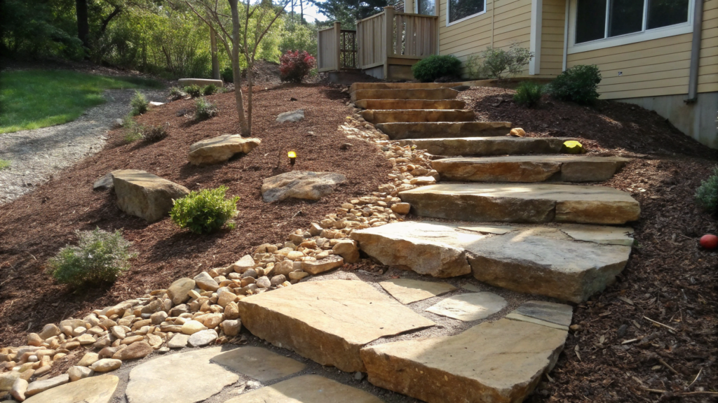 Natural Stone Steps Set Into Rock Mulch