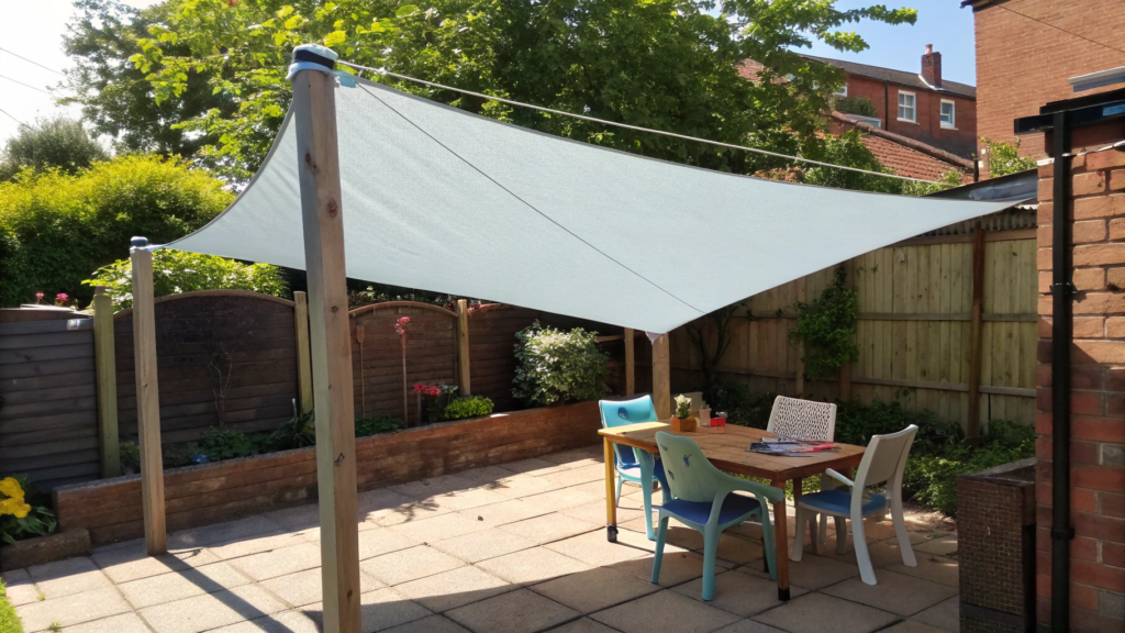 Sail Shade Made From Painter’s Plastic and Rope