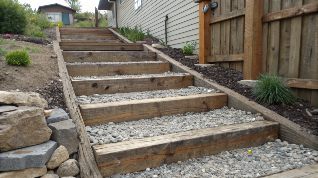 Railroad Tie Steps With Crushed Stone Treads