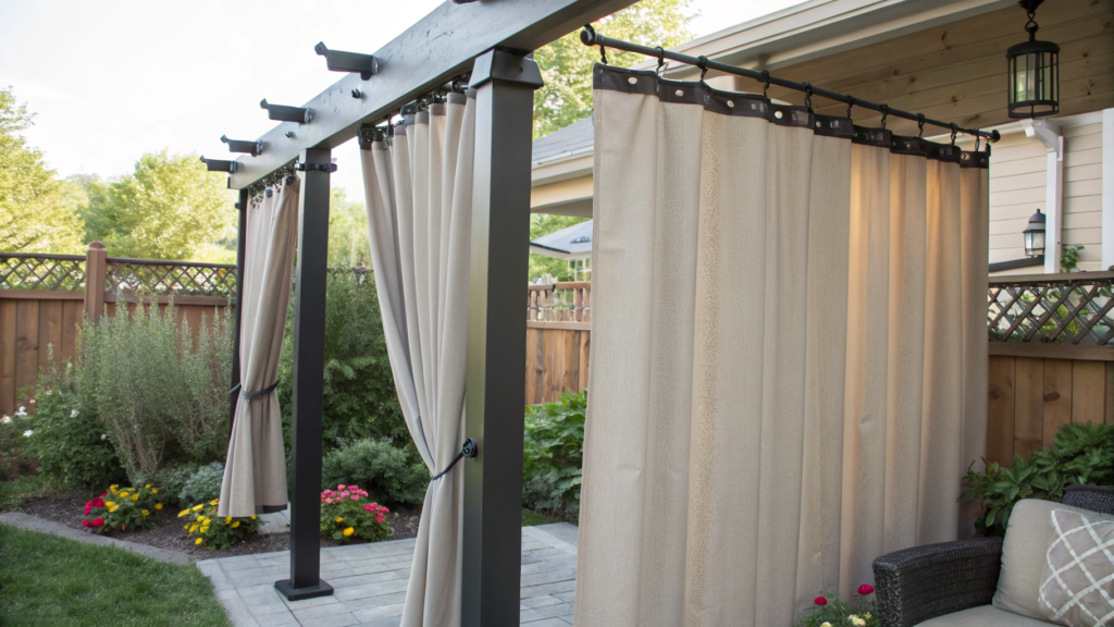 Outdoor Curtain Rod Shade Using Fence Posts