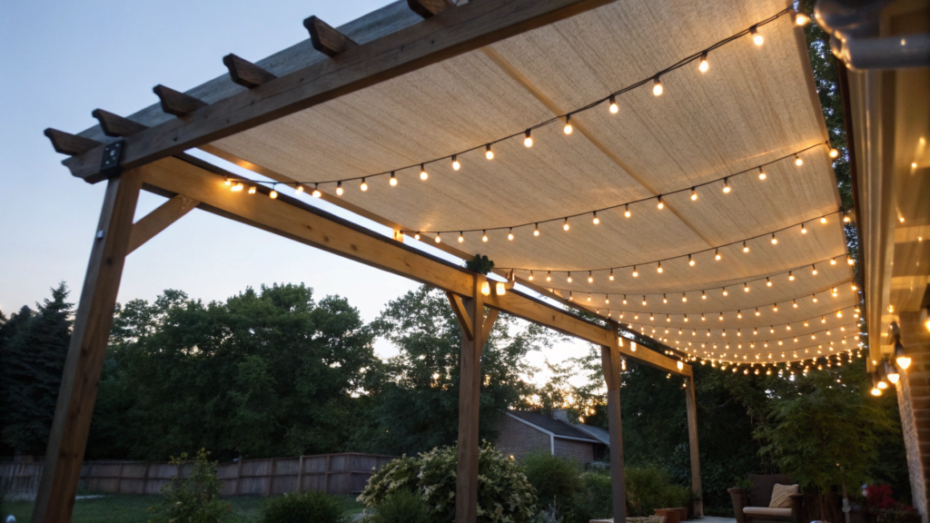 String Light Canopy With UV Shade Fabric Panels