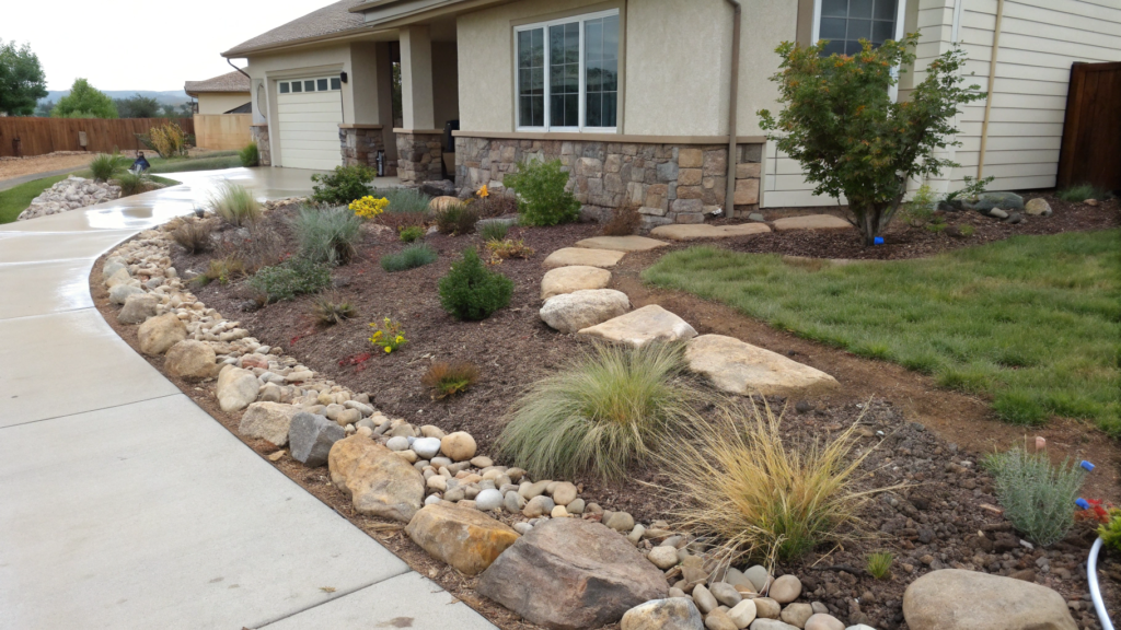 Front Yard Rock Ribbon Border With Drought Plants