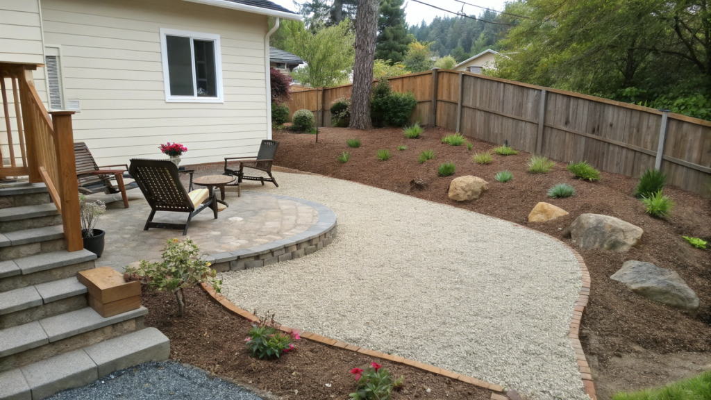 Sloped Yard Micro Patio With Pea Gravel