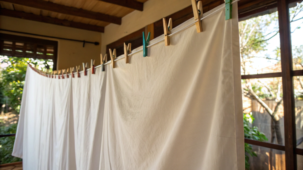 Upcycled Bed Sheet Shade With Clothespin Clips