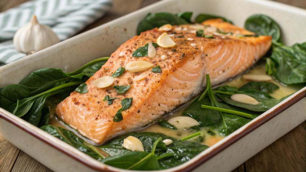 Baked Salmon with Garlic and Spinach