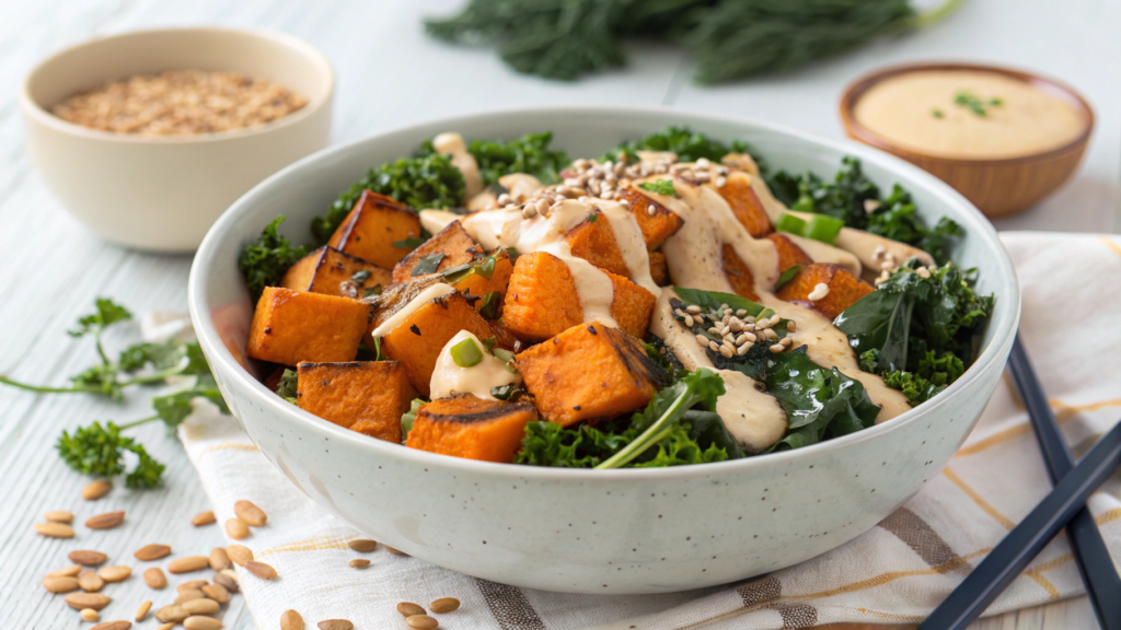 Sweet Potato and Kale Harvest Bowl with Tahini Sauce
