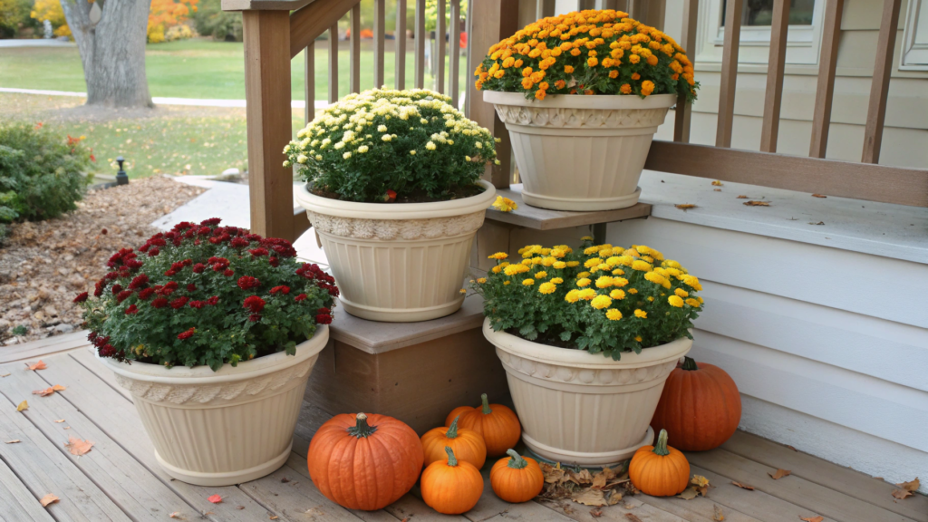 Layered mum planters with pumpkins
