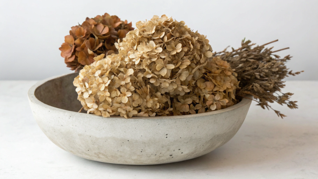 Concrete Bowl With Dried Hydrangeas