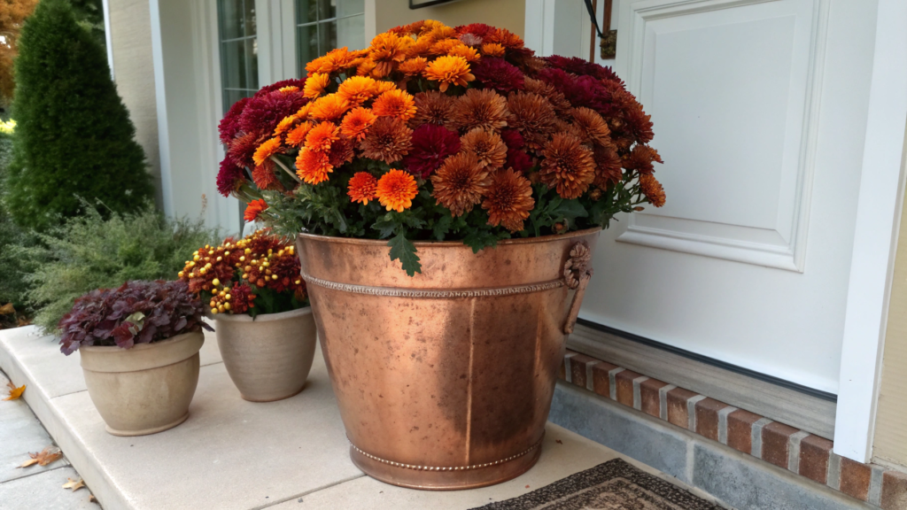 Copper pot mum entryway display