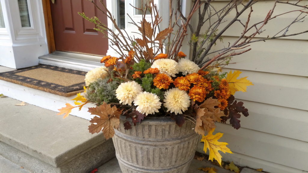 Artificial Fall Planter With Faux Mums