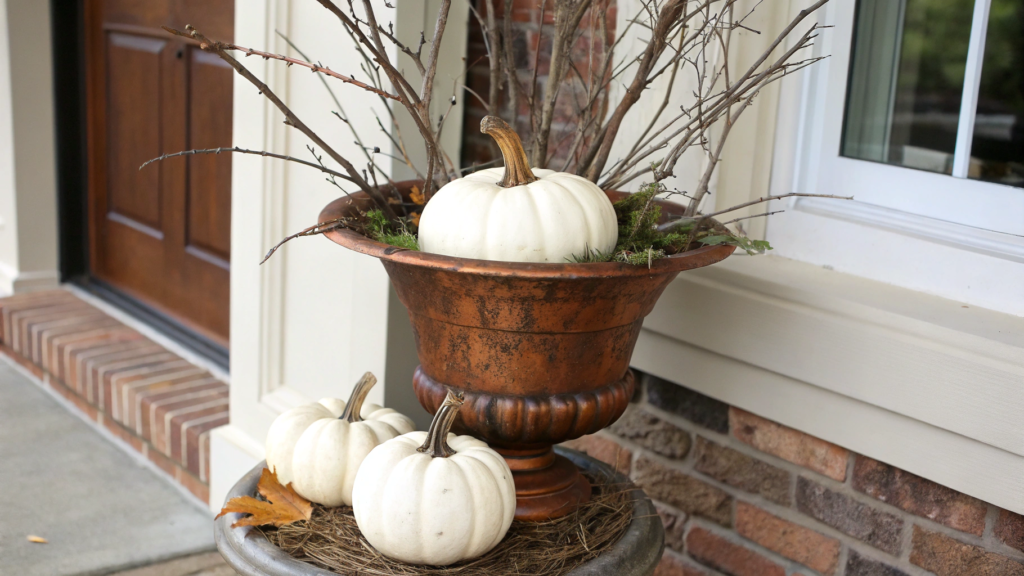 Copper Urn With White Pumpkins