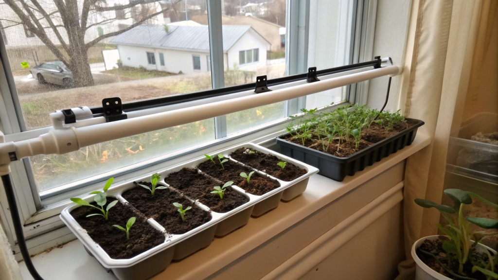No Drill Window Seed Starting Setup Using Tension Rods