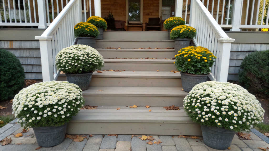 Symmetrical porch step mum display