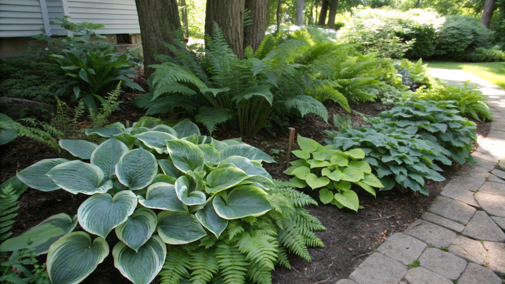 Shade Bed With Hostas, Ferns And Heuchera Layers