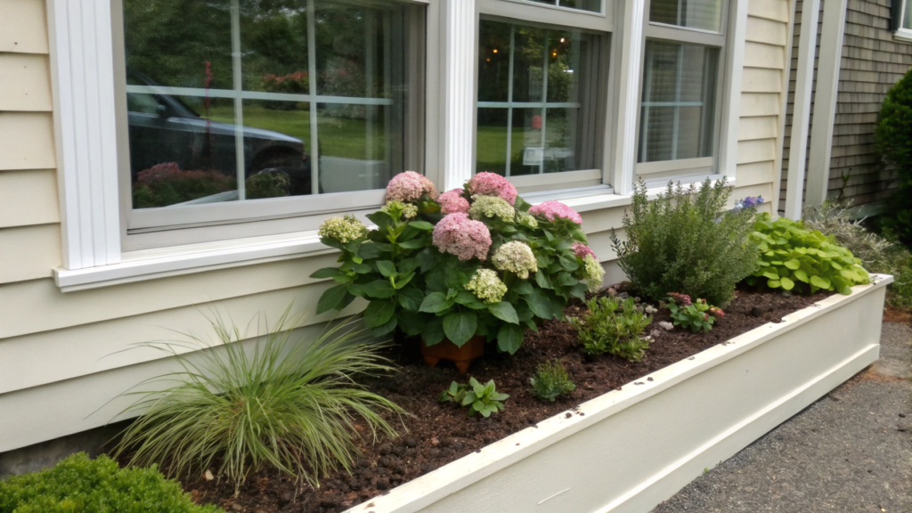 Under Window Bed With Hydrangea Anchor And Low Edgers