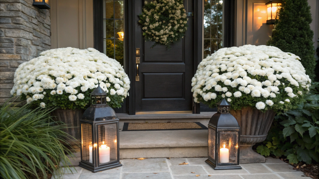White mum and lantern entryway