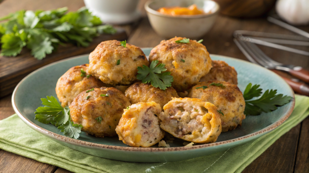 Cheddar and Garlic Sausage Balls with a Kick