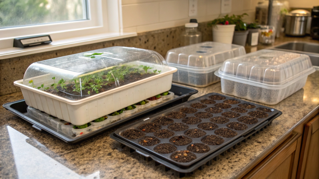Chef Style Seed Starting Station Using Cambro Lids As Humidity Domes