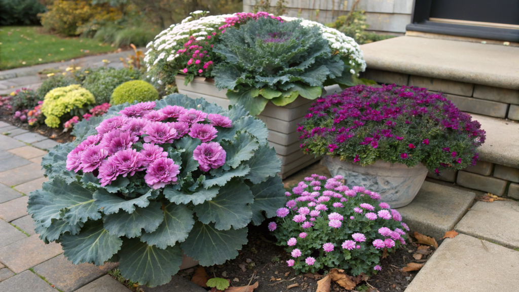 Mum and ornamental kale planters