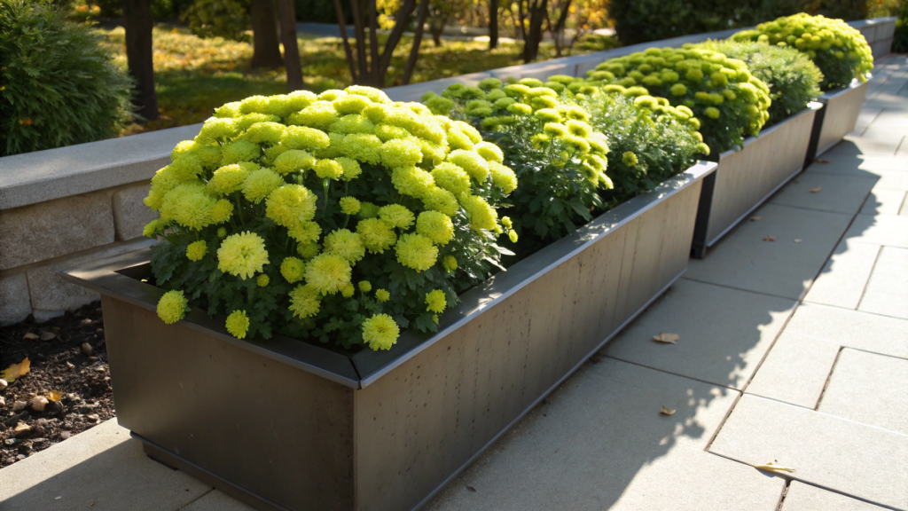 Slim Planter Box With Chartreuse Mums