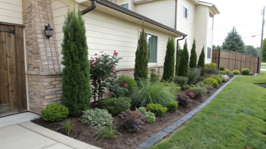 Corner Foundation Bed With Tall Shrubs And Front Fillers